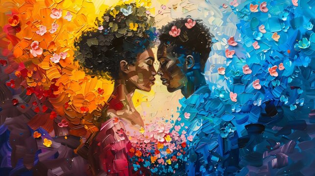 Vibrant abstract painting of couple in love, blending warm and cool tones, with dynamic brushstrokes creating a romantic, emotional scene.