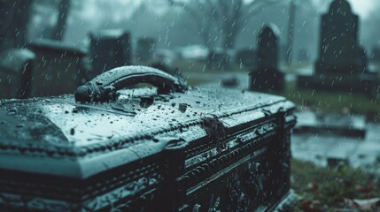 Rain-soaked black coffin in a graveyard, evoking a solemn and depressive funeral ceremony. Emotional farewell