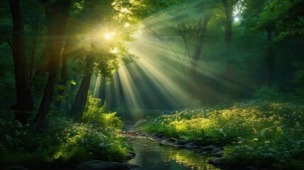 Obraz premium Sunbeams through the trees illuminating a woodland stream.
