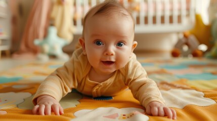 Baby learning to crawl on colorful mat, baby growth, milestones in development