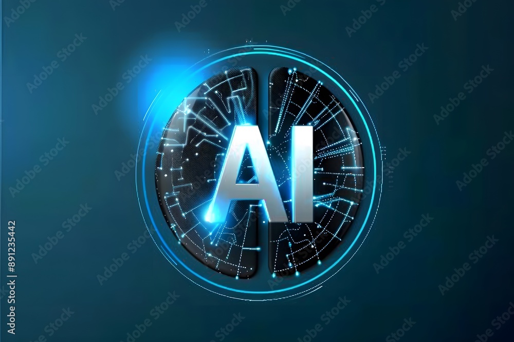 Wall mural futuristic ai logo with glowing blue circuitry on a dark abstract background