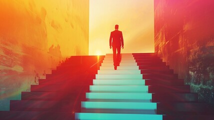 Ambitious businessman climbing stairs to meet incoming challenges and business opportunities. The high stair symbolizes career path success, future planning, and business competition concepts.