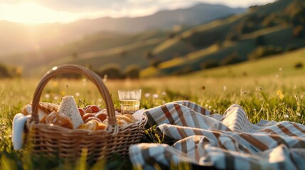 Summer picnic setup with a blanket, basket, and delicious food, set in a picturesque meadow