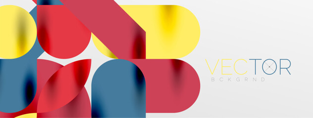 Mosaic geometric elements. Colorful circles, round geometric shapes and lines with shadow 3d effects. Simple forms abstract background for wallpaper, banner, template or landing