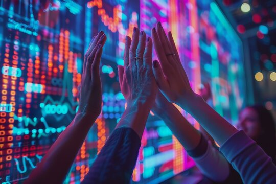 High Five Celebration in Front of a Data Wall