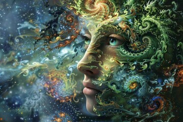 Cosmic Portrait: A Woman's Face Embellished with Galaxies