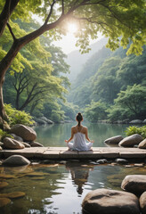  Serenity: Peaceful scene of meditation in nature. 