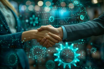 Business Deal Handshake with Futuristic Technology Overlay