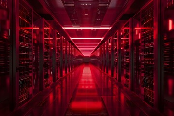 Fototapeta premium Futuristic data center hallway with red lights and endless rows of server racks
