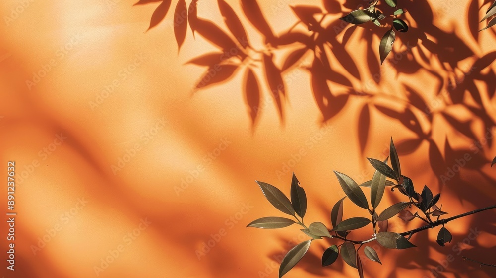 Poster a leafy branch casts a shadow on an orange background