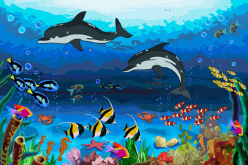 Vector illustration with dolphins.Underwater world landscape with flora and fauna in color vector illustration.