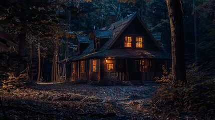 Haunted house in the woods at night.