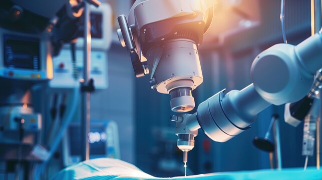 Concept of healthcare and biotechnology.  Robotic equipment in an operating room, ready for a surgical procedure, showcasing technological advancements in healthcare.