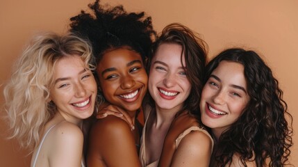 Obraz premium Four women with different hair colors and styles are smiling