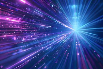 Dynamic abstract light streaks in vibrant blue and purple hues converging towards a radiant center.