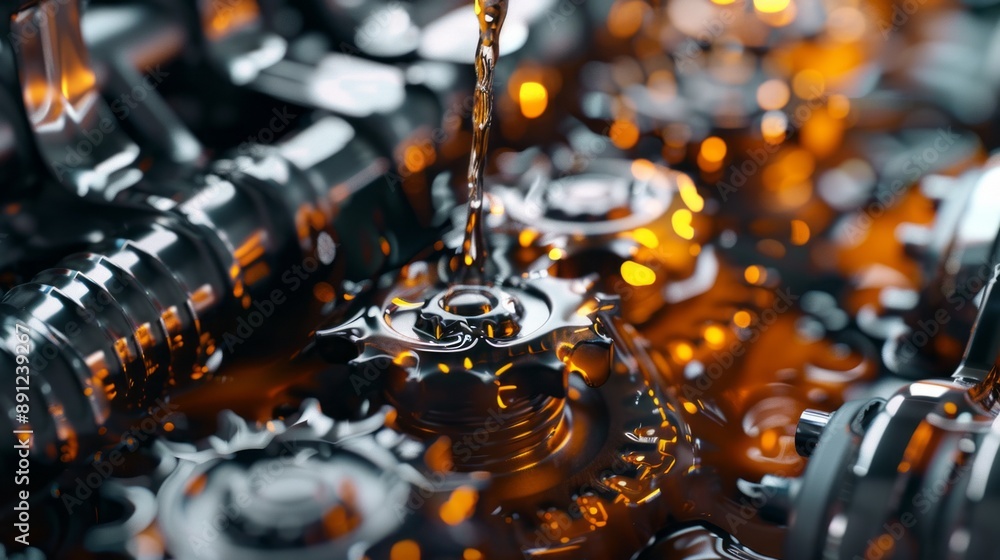 Poster a close up of a machine with a lot of gears and a drop of oil on it