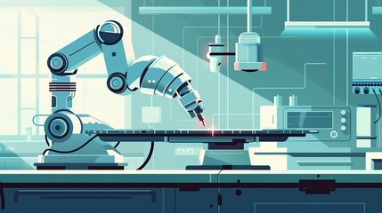 Concept of healthcare and biotechnology.  Robotic Surgery Setup in a Modern Medical Facility