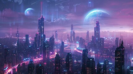 Fototapeta premium Neon Nights: Futuristic Cityscape with Glowing Skyscrapers and Distant Planets in Realistic Scene