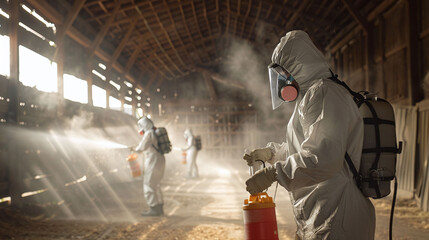 Avian Flu Prevention: Hazmat-Suited Workers Disinfecting Farm for Safety