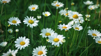 Obraz premium Many white daisies in lush summer meadow up close