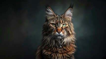 Maine Coon Cat Studio Portrait on Dark Background Suitable for Halloween