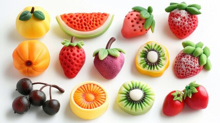 Marzipan fruits on white background