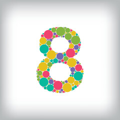 Number 8 made of creative colored dots or filled with circles. Creative fonts with unique Numbers and symbols. Vector illustration.