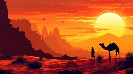 Silhouette of a man and camel walking at sunset, set in a desert landscape. Beautiful and tranquil scene