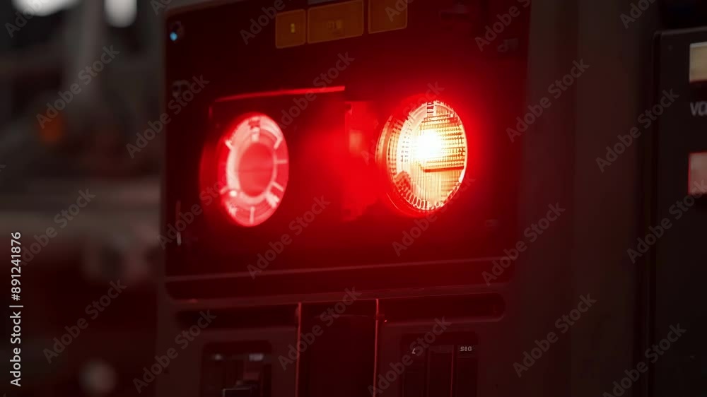 Poster closeup of an alarm blinking red signaling a malfunction in the production process.
