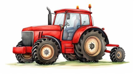 Obraz premium Vibrant watercolor illustration of a red tractor on a white background.