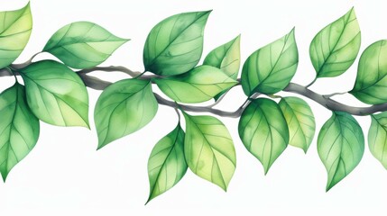 Vivid watercolor art of a lush green plant branch set against a  background, showcasing natures elegance.