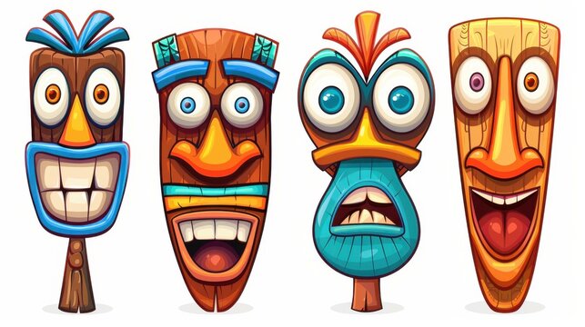 Colorful cartoon tiki mask set with Hawaiian vibes. Modern tribal wooden totems on white background.