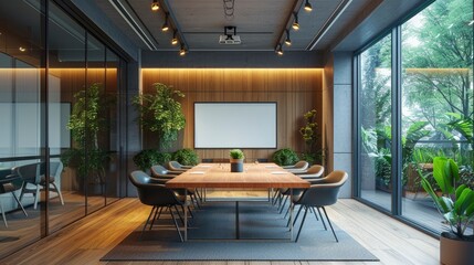 Fototapeta premium A minimalist meeting room with a wooden table and matching chairs, accented by a whiteboard and potted plants. The space is designed for small team collaborations.