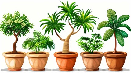 Obraz premium Stunning digital illustration of six ornamental trees in terracotta pots on a clean white background.
