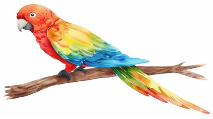 Obraz premium Colorful parrot perched on a branch, vibrant watercolor illustration on white background.