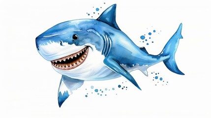 Detailed watercolor painting of a shark on a white background.