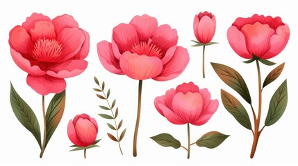 Beautiful watercolor botanical illustration of tulips, peonies, roses, marigolds, leaves, and flowers on a white background.