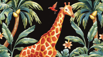 Lush jungle illustration Fantasy tropic night with floral palm trees, wild animals, birds, moon. Exotic dark wallpaper for kids room.