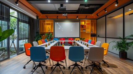 Fototapeta premium A bright meeting room with a large whiteboard, colorful chairs, and a variety of office supplies. The room is designed to inspire creativity and productivity.