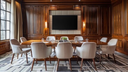 A well-lit meeting room with a large wooden table, comfortable chairs, and a wall-mounted screen. The room is perfect for presentations and collaborative sessions.
