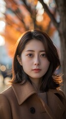 Obraz premium Portrait of a young woman with autumn leaves in the background, wearing a brown coat, looking directly at the camera.