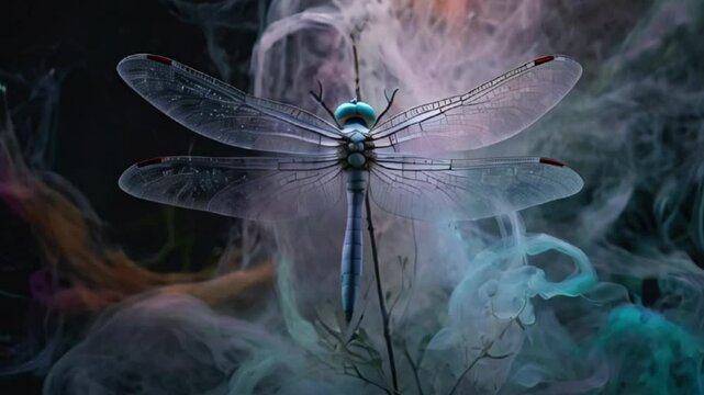 dragonfly with colorful smoke background