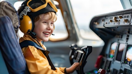 Young boy dressed as an airplane captain, happily seated in the cockpit, illustrating the dream of a future career in aviation, vibrant and detailed, warm tones
