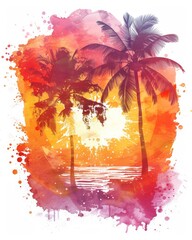 Abstract watercolor painted splash shape with palm tree silhouettes. Travel concept.