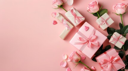 Elegant Valentine's Day poster featuring a bouquet of pink roses and beautifully wrapped gift boxes, soft pink backdrop, ample copy space