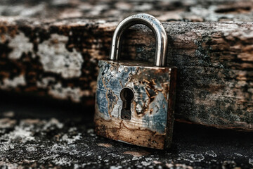 An old rusty castle on which the earth map texture is located, the earth is closed with a lock