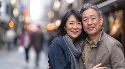 Happy middle-aged Asian couple, posing together in a bustling urban environment, capturing the essence of city living, vibrant and energetic