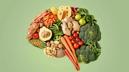 Healthy brain concept illustrated with a brain composed of nutritious foods, highlighting diet's role in cognitive function, bright and intricate, greenish background