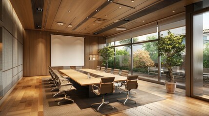 A professional boardroom with a long rectangular table, high-back chairs, and a large digital screen. The room is equipped with the latest technology for effective meetings.