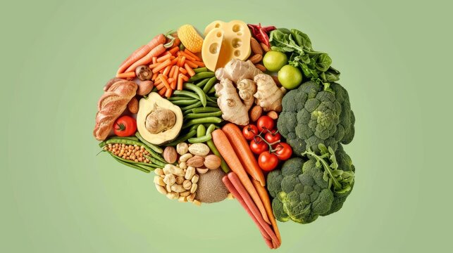 Healthy brain concept illustrated with a brain composed of nutritious foods, highlighting diet's role in cognitive function, bright and intricate, greenish background